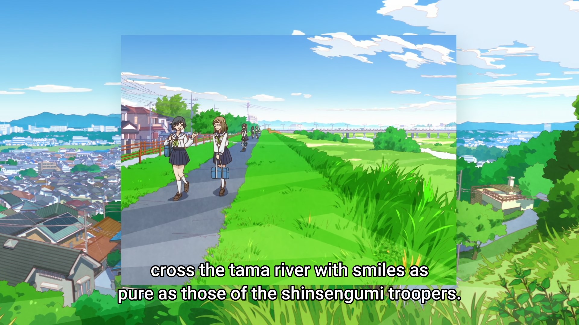 School girls apparently crossing the Tama river, smiles as pure as shinsengumi troopers